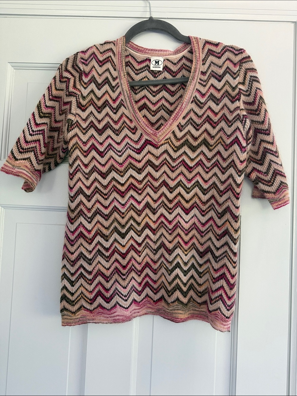 Medium Knit V-Neck Chevron Sweater - Pink/Brown Missoni Mohair